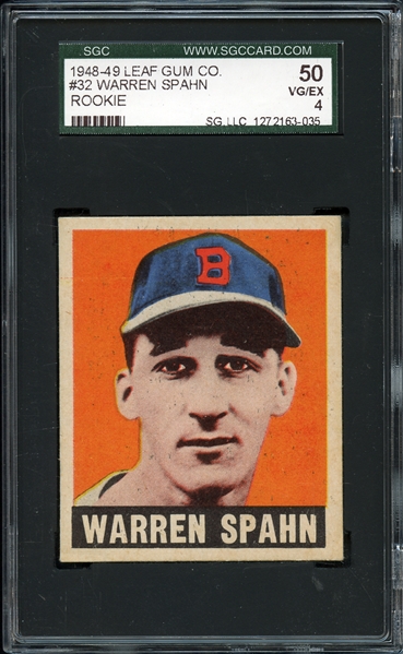 1948-49 Leaf Gum Co. #32 Warren Spahn Rookie 50 SGC 4 VG/EX