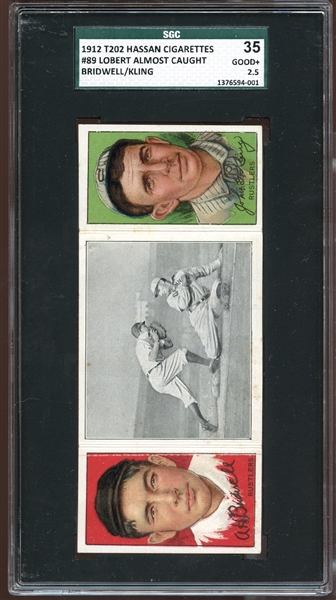1912 T202 Hassan Triple Folder #89 Lobert Almost Caught Bridwell/Kling SGC 35 GOOD+ 2.5