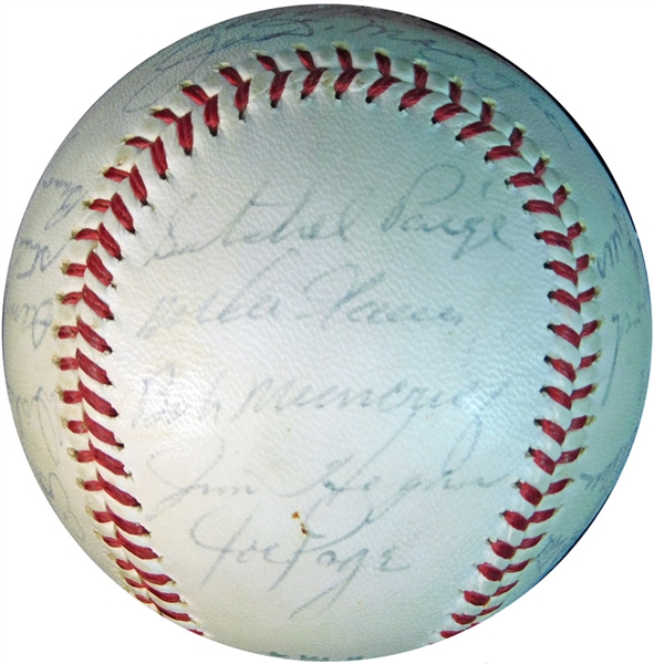 1948 World Champions Cleveland Indians Reunion Multi-Signed OAL (Cronin) Ball with (24) Signatures Featuring Paige, Doby and Joe DiMaggio JSA