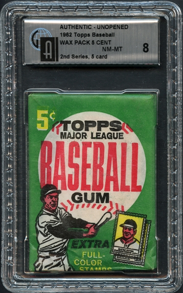 1962 Topps Baseball Authentic Unopened Wax Pack 5 Cent GAI 8 NM-MT