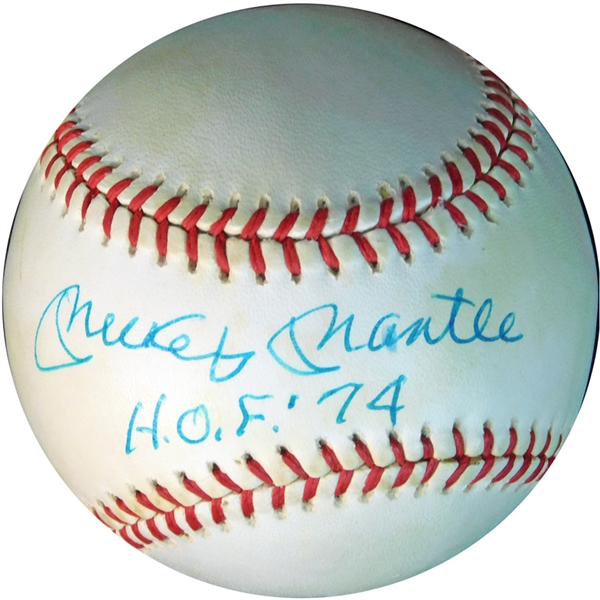 Mickey Mantle Single-Signed OAL (Brown) Ball with "H.O.F. 74" Inscription BAS