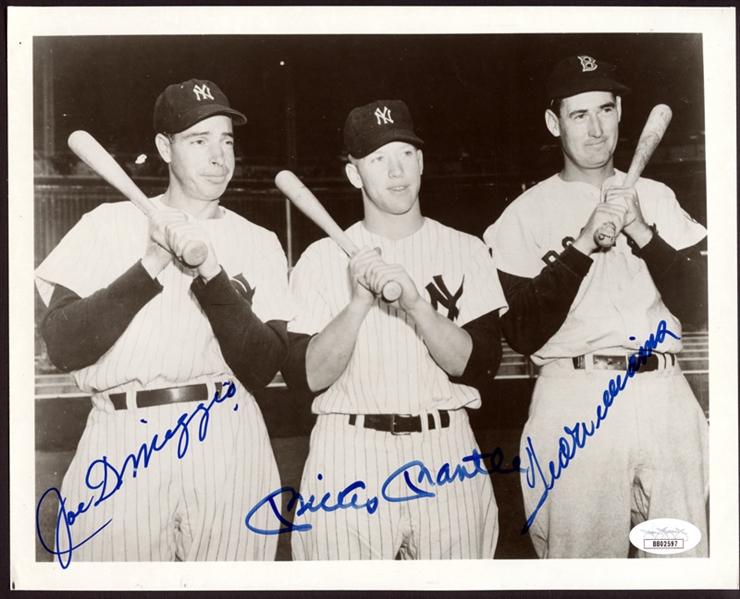 Mickey Mantle, Ted Williams and Joe DiMaggio Signed 8x10 Photo JSA