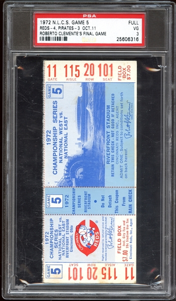 1972 NLCS Game 5 Full Ticket-Roberto Clementes Final Game-PSA 3 VG