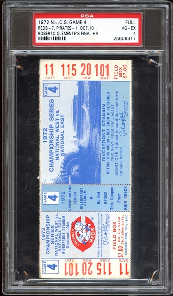 1972 NLCS Game 4 Full Ticket-Roberto Clementes Final Home Run-PSA 4 VG/EX