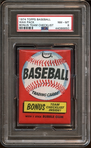 1974 Topps Baseball Unopened Wax Pack W/”Bonus Team Checklist” PSA 8 NM/MT