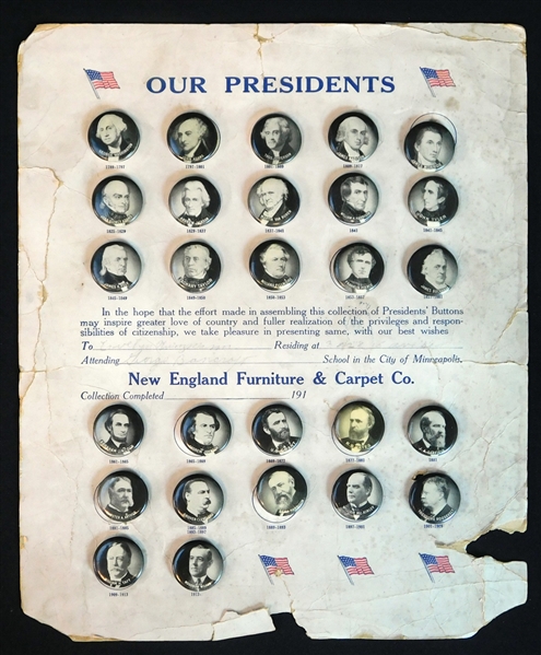 1913 New England Furniture and Carpet Presidents Pins Complete Set (27)