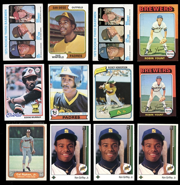 Exceptional Hall of Fame Rookie Card Lot of (18) with Schmidt (2), Yount, O. Smith, Griffey Etc. 