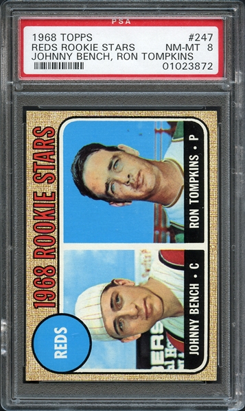 1968 Topps #247 Reds Rookie Stars Johnny Bench, Ron Tomkins PSA 8 NM-MT