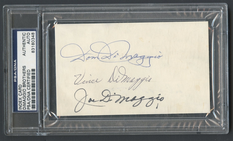 Joe DiMaggio, Dom DiMaggio and Vince DiMaggio Signed Index Card PSA Authenticated