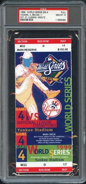 1999 World Series Gm.4 Yankees vs Braves Oct 27 FULL Ticket PSA 10 GEM MT