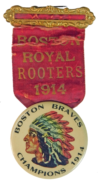 1914 Boston Royal Rooters "Miracle" Braves World Champions Pin Back with Elaborate Brooch and Silk Ribbon