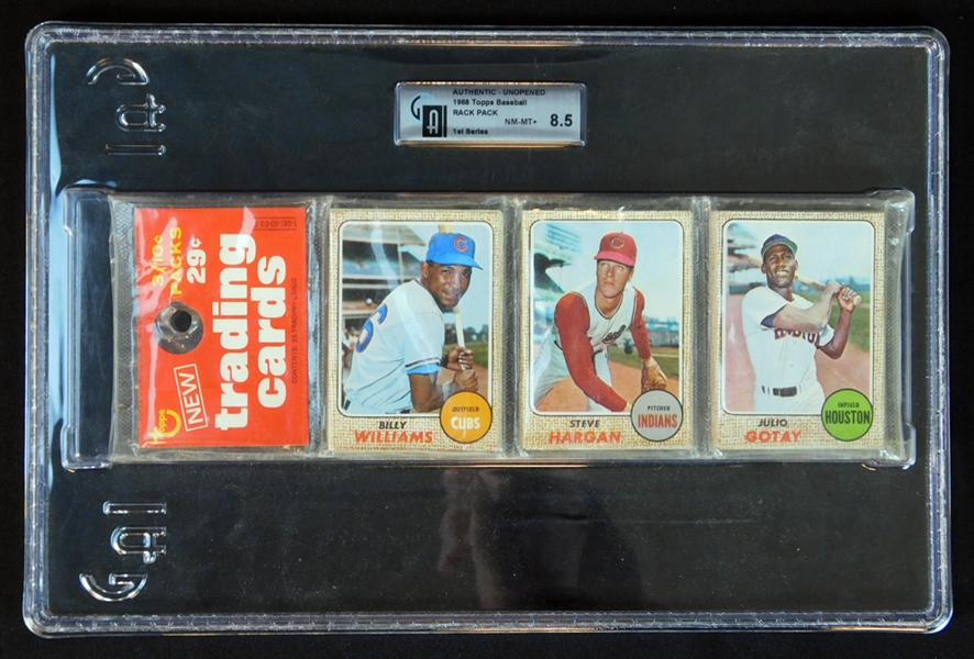 1968 Topps Baseball 1st Series Unopened Rack Pack with Billy Williams on Top GAI 8.5 NM/MT+
