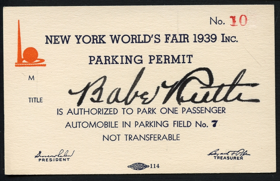Amazing Babe Ruth Signed 1939 New York Worlds Fair Parking Permit - JSA