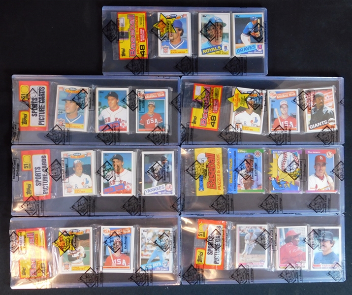1980s Topps and Donruss Unopened Rack Pack Group of (7) with McGwire, Clemens, Griffey RCs Showing BBCE