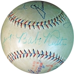 Exceptional Multi-Signed Hall of Fame OAL (Barnard) Ball Featuring Babe Ruth and Lou Gehrig As Well As Foxx, Mack, Grove And Cronin PSA/DNA
