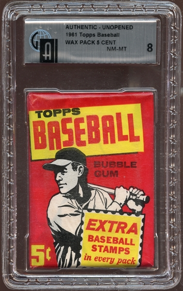 1961 Topps Baseball Unopened Wax Pack GAI 8 NM/MT
