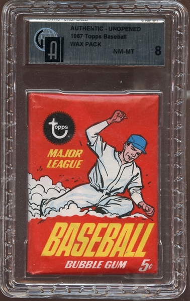 1967 Topps Baseball Unopened 5-Cent Wax Pack GAI 8 NM/MT
