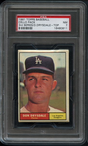 1961 Topps Baseball Cello Pack 3rd Series with Drysdale on the Top PSA 7 NM