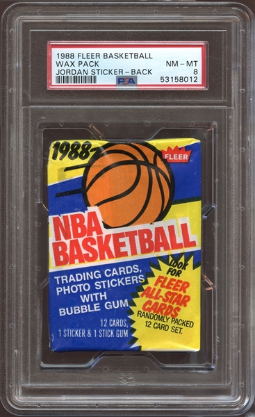 1988 Fleer Basketball Unopened Wax Pack with Jordan Sticker on Back PSA 8 NM/MT