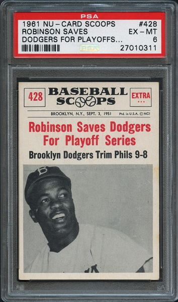 1961 NU-Card Scoops #428 Robinson Saves Dodgers for Playoff PSA 6 EX-MT