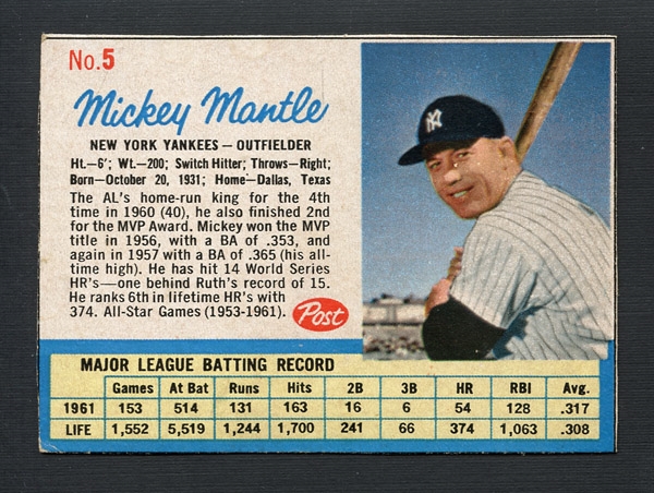 1962 Post Cereal #5 Mickey Mantle