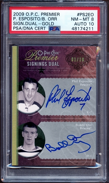 2009 O-Pee-Chee Premier Signings Dual Gold #PS2EO Phil Esposito/Bobby Orr PSA 8 NM/MT PSA/DNA Auto 10