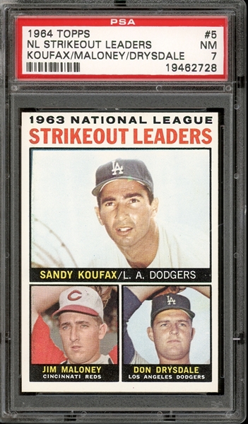 1964 Topps NL Strikeout Leaders #5 Koufax/Maloney/Drysdale PSA 7 NM
