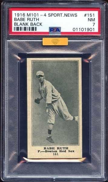 1916 M101-4 Sporting News #151 Babe Ruth Blank Back PSA 7 NM MBA Gold
