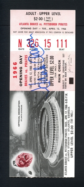 1966 Opening Day First Game In Atlanta Hank Aaron Signed Ticket JSA LOA 