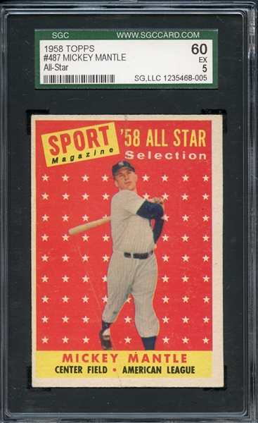 1958 Topps All Star #487 Mickey Mantle 60 SGC 5 EX