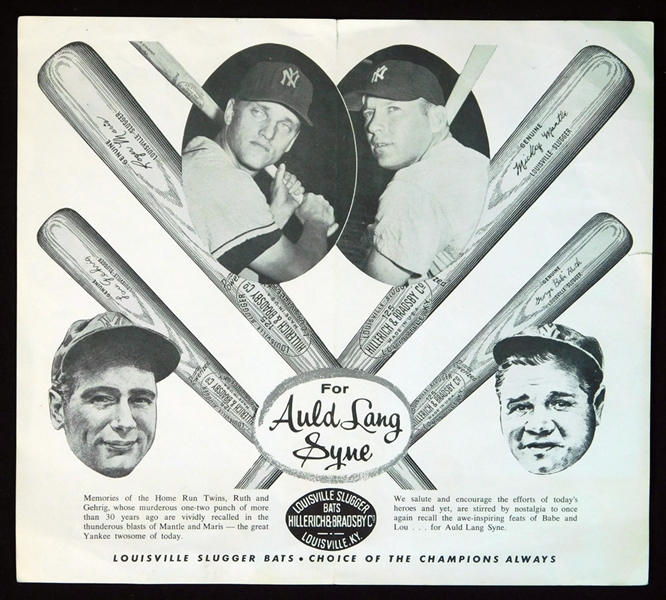 Early 1960s Louisville Slugger Advertising Piece Featuring Ruth, Gehrig, Mantle and Maris