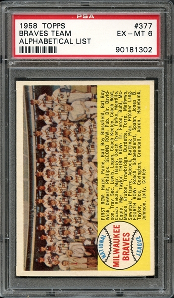 1958 Topps #377 Braves Team Alphabetical List PSA 6 EX-MT 