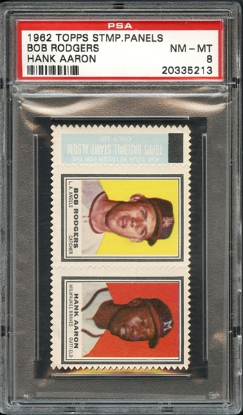 1962 Topps Stamp Panels Hank Aaron Bob Rodgers PSA 8 NM-MT