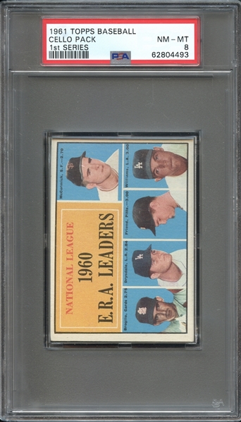 1961 Topps Baseball Cello Pack 1st Series E.R.A. Leaders Top PSA 8 NM-MT