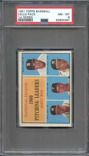 1961 Topps Baseball Cello Pack 1st Series N.L. Pitching Leaders PSA 8 NM-MT