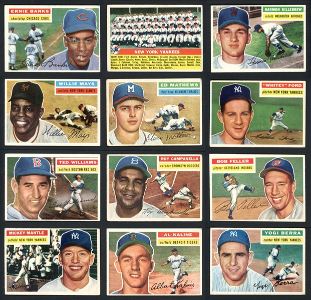 1956 Topps Baseball Partial Set 264/340 with Mantle, Mays and Williams 