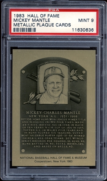 1983 Hall of Fame Metallic Plaque Cards Mickey Mantle PSA 9 MINT