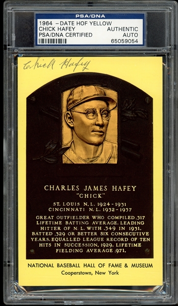 1964-Date Yellow Hall of Fame Plaque Chick Hafey Autographed PSA/DNA