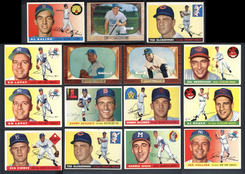 1955 Topps And Bowman Shoebox Lot Of 77 Cards With HOFers And Stars Including Mays, Killebrew (R), ETC.