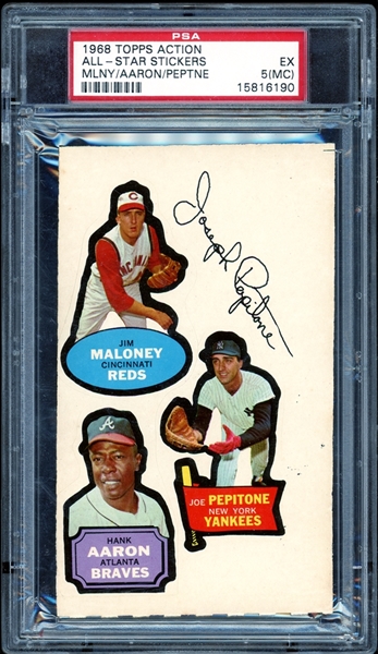 1969 Topps Action All-Star Stickers Maloney/Aaron/Pepitone PSA 5(MC) EX