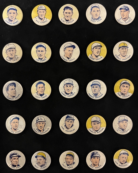 High Grade 1933 Cracker Jack Pin Complete Set of 25 Featuring Gehrig